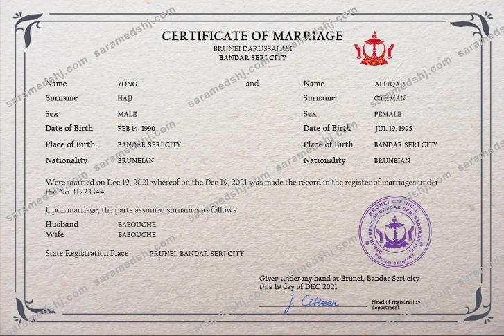 Brunei marriage certificate PSD template